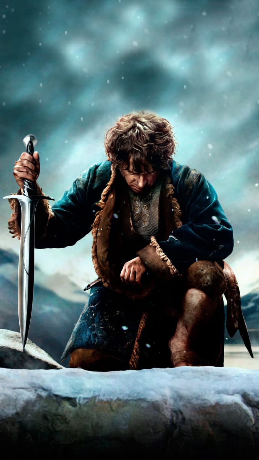 Kneeling knight in dark armor rests his sword tip on snow against a blurred white and blue winter landscape background.