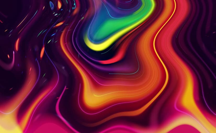 Intertwined ribbons of neon purple, pink, and orange light flow in a vertical swirling abstract pattern.