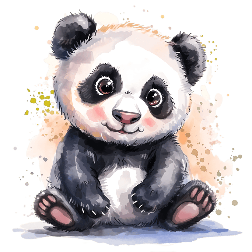 Panda cub watercolor painting features detailed fur and peach ink splashes against a dark black background.