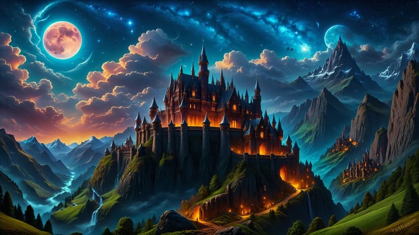 Luminous castle on a green mountain ridge under a giant cratered moon and star-filled purple nebula at night.