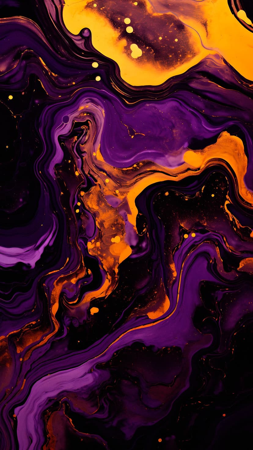 Swirling purple and orange paint patterns with tiny gold flecks create a textured, fluid marble composition.