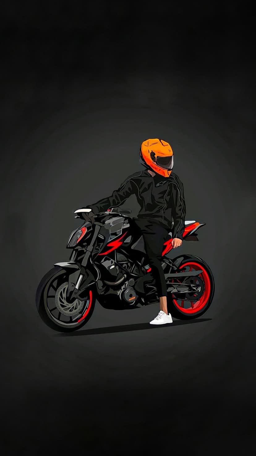 Biker in an orange helmet and black jacket sits on a sleek orange sportbike against a dark textured background.