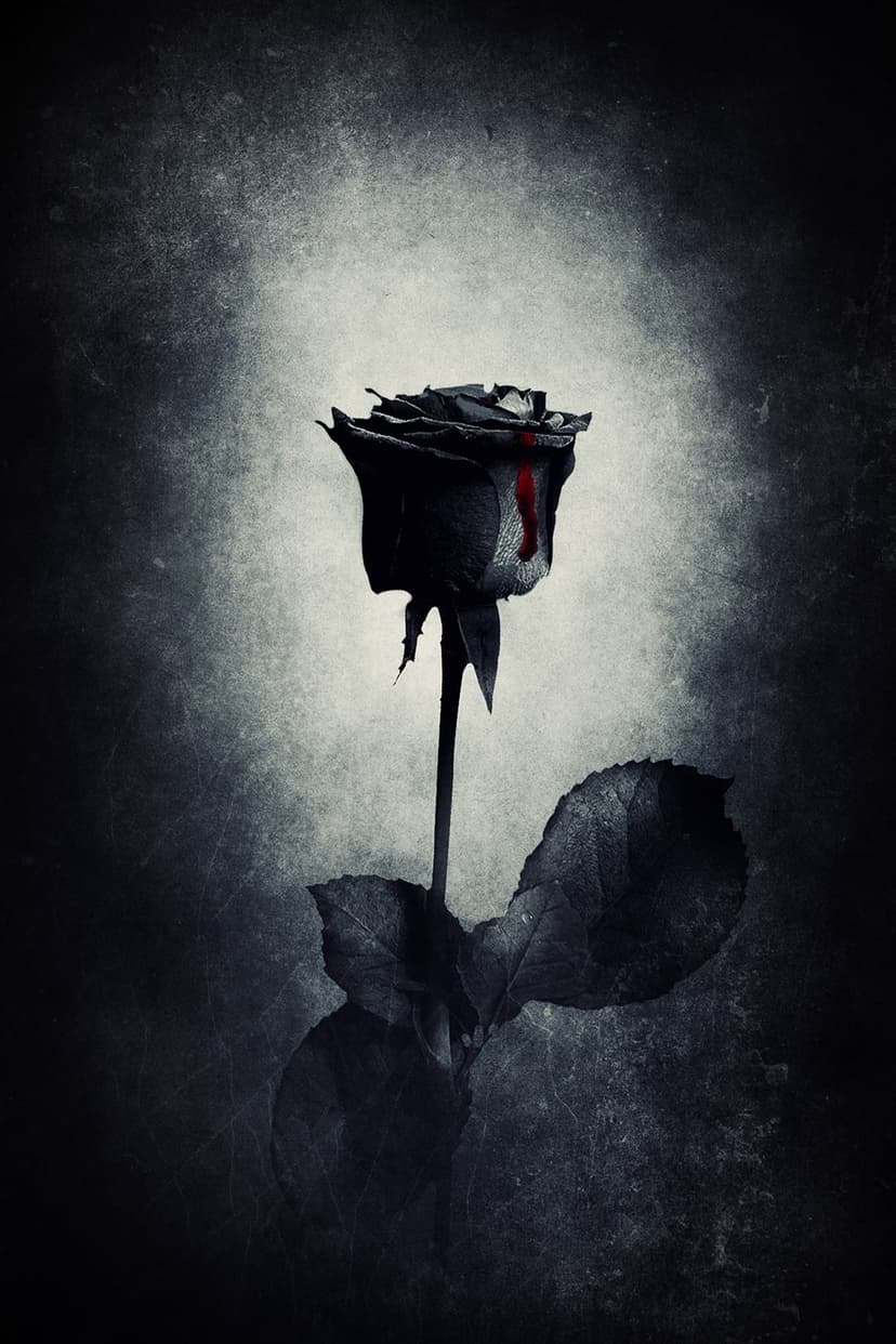 Shadowy black rose with a single red drop falling from a petal against a textured gray and white grunge background