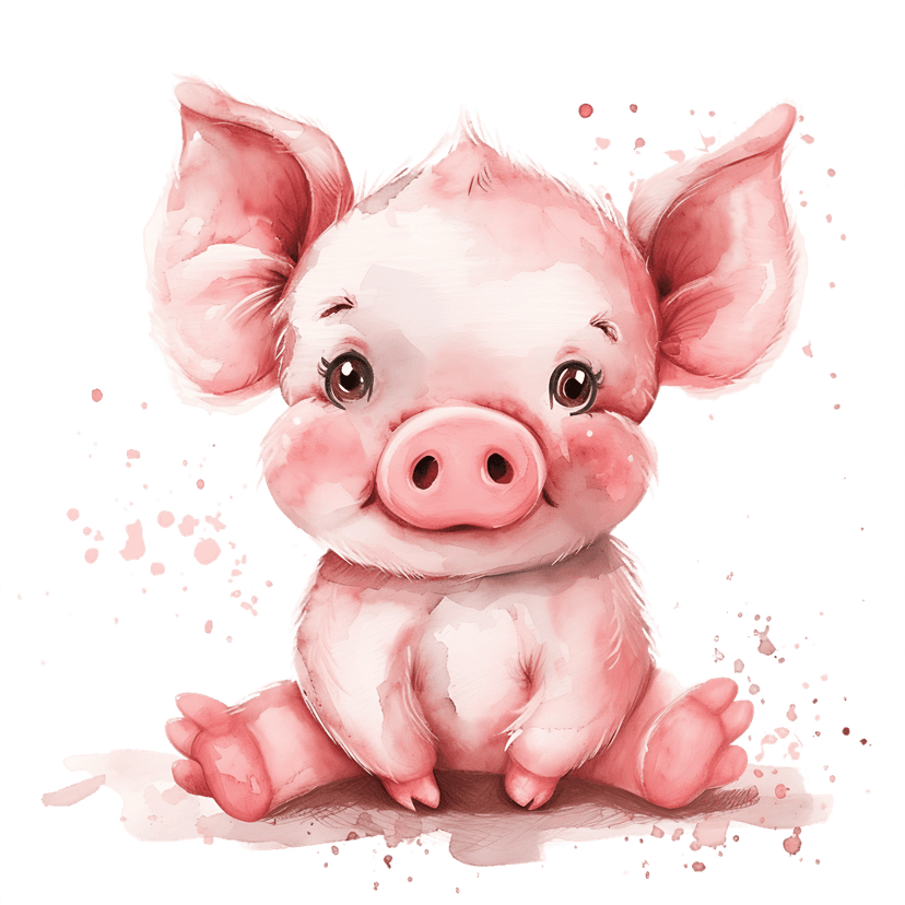 Pink piglet watercolor illustration sitting upright with artistic paint splashes on a dark black background.