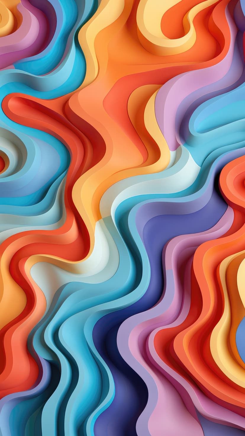 Swirling ribbons of blue, purple, and orange light form a fluid wave pattern with deep shadows and highlights.
