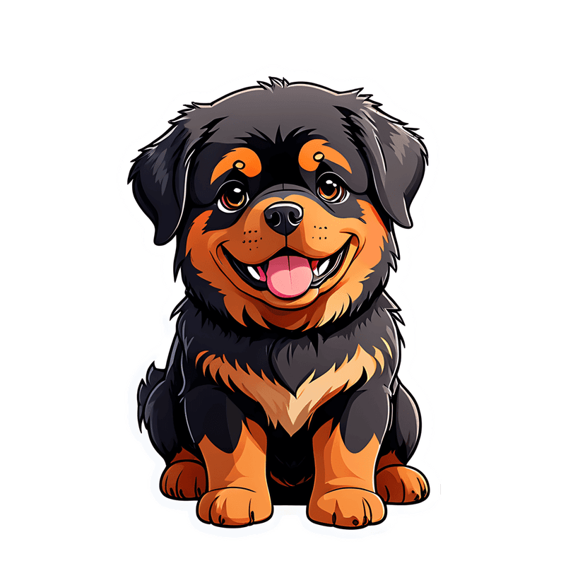 Rottweiler puppy sticker graphic showing a black and tan dog sitting frontally with a white outline and glossy eyes.