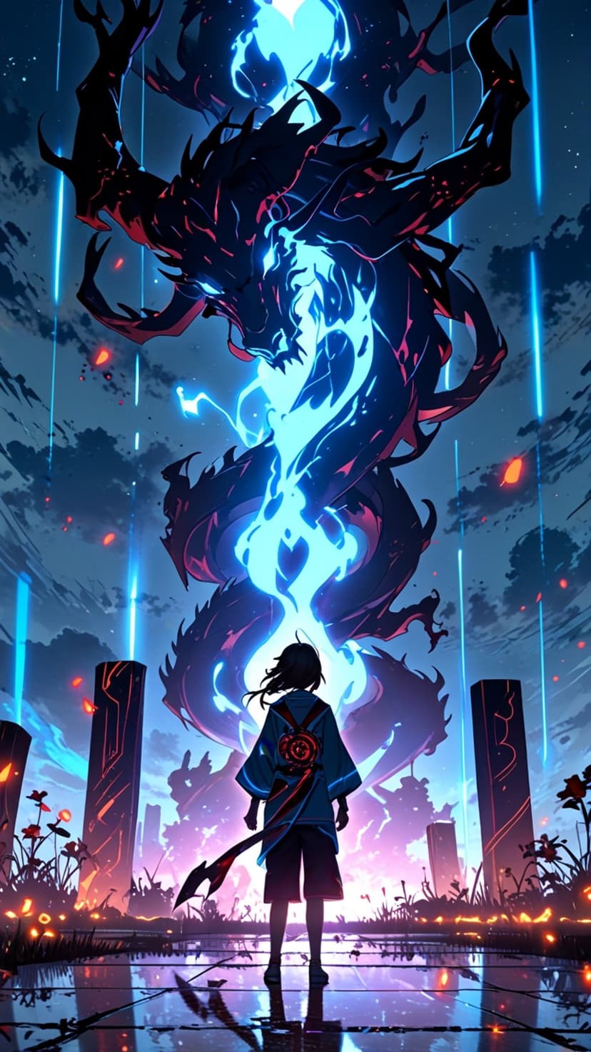 Warrior silhouette confronts a massive glowing blue dragon amidst illuminated obelisks and purple mist.