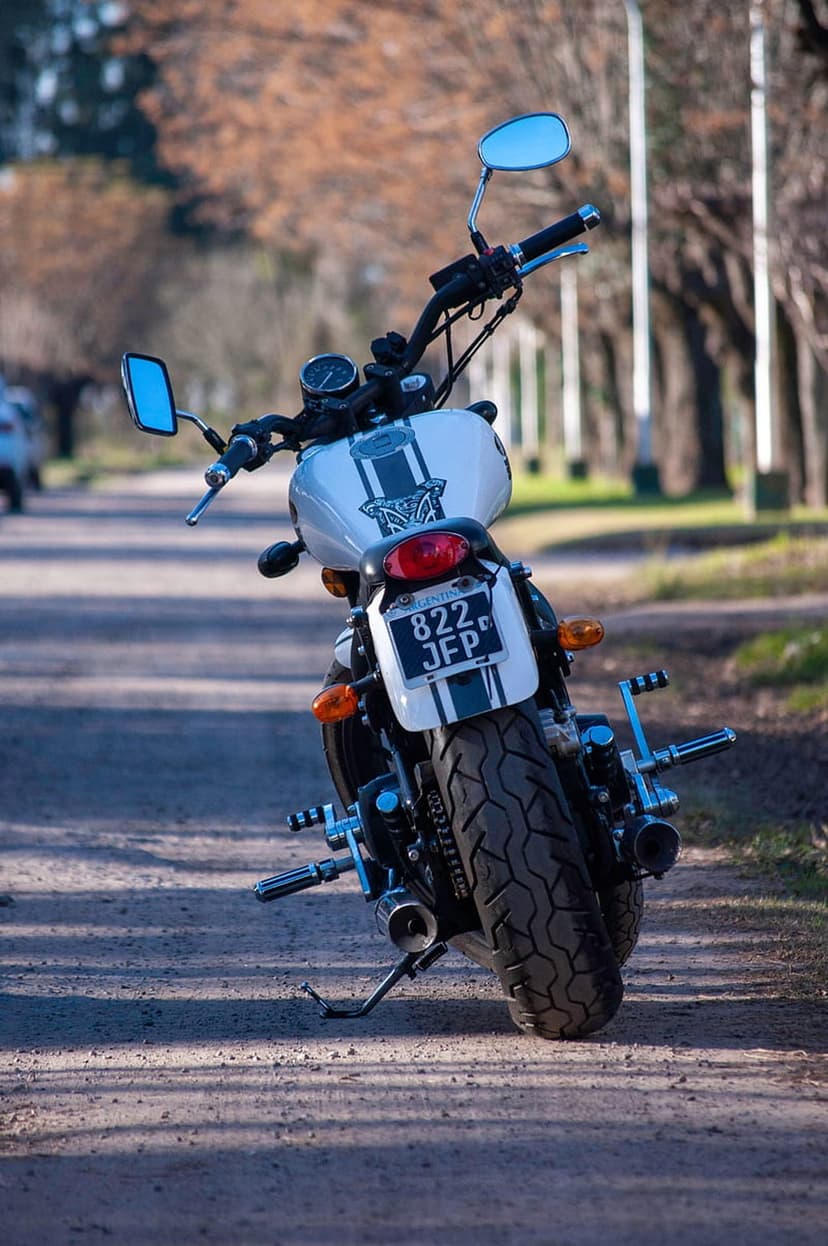 White motorcycle with dark stripes parked on a gravel road between bare trees showing the rear tire and exhaust.