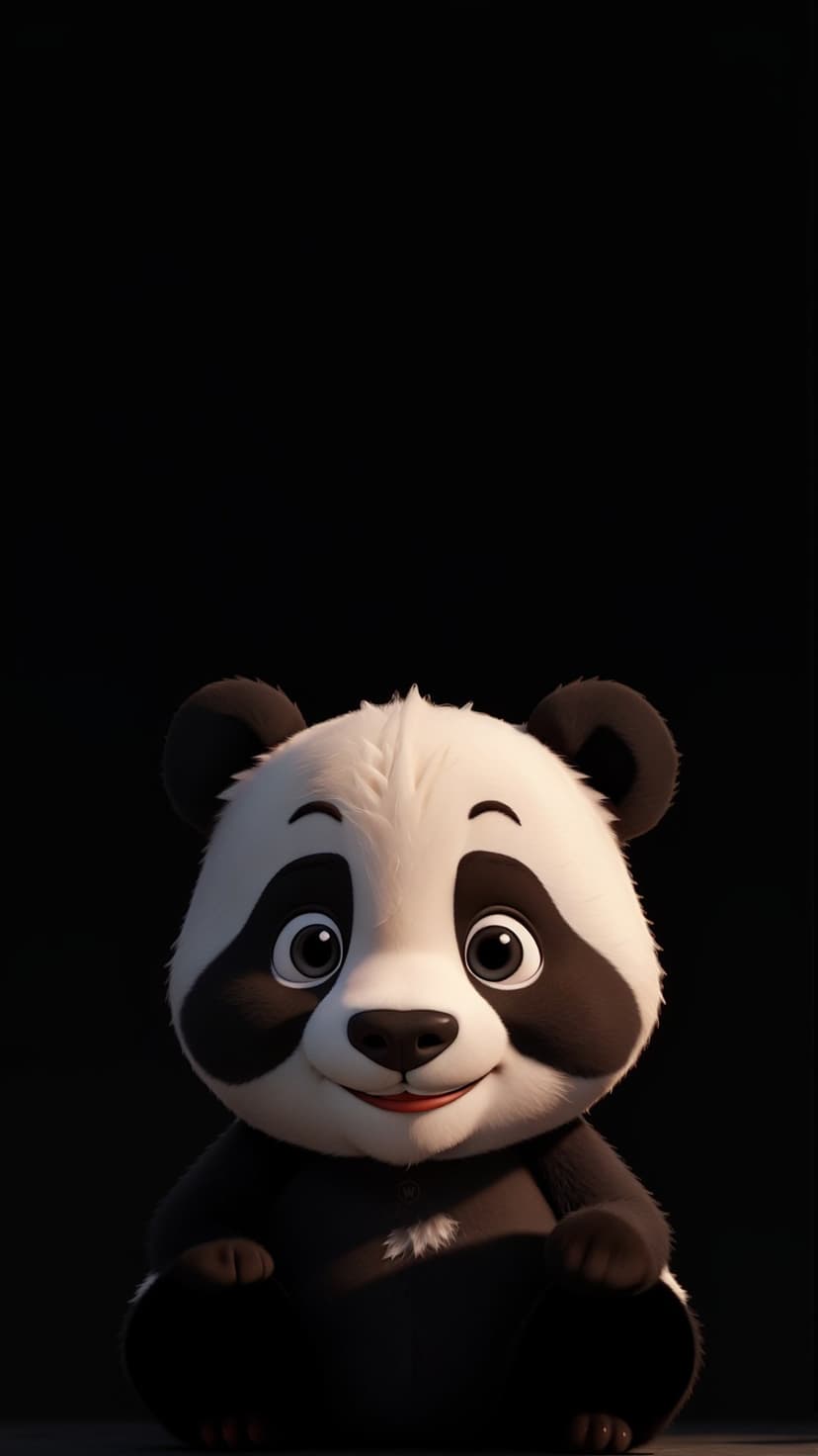 Panda bear with large reflective eyes and a small smile sits centered against a solid black background.