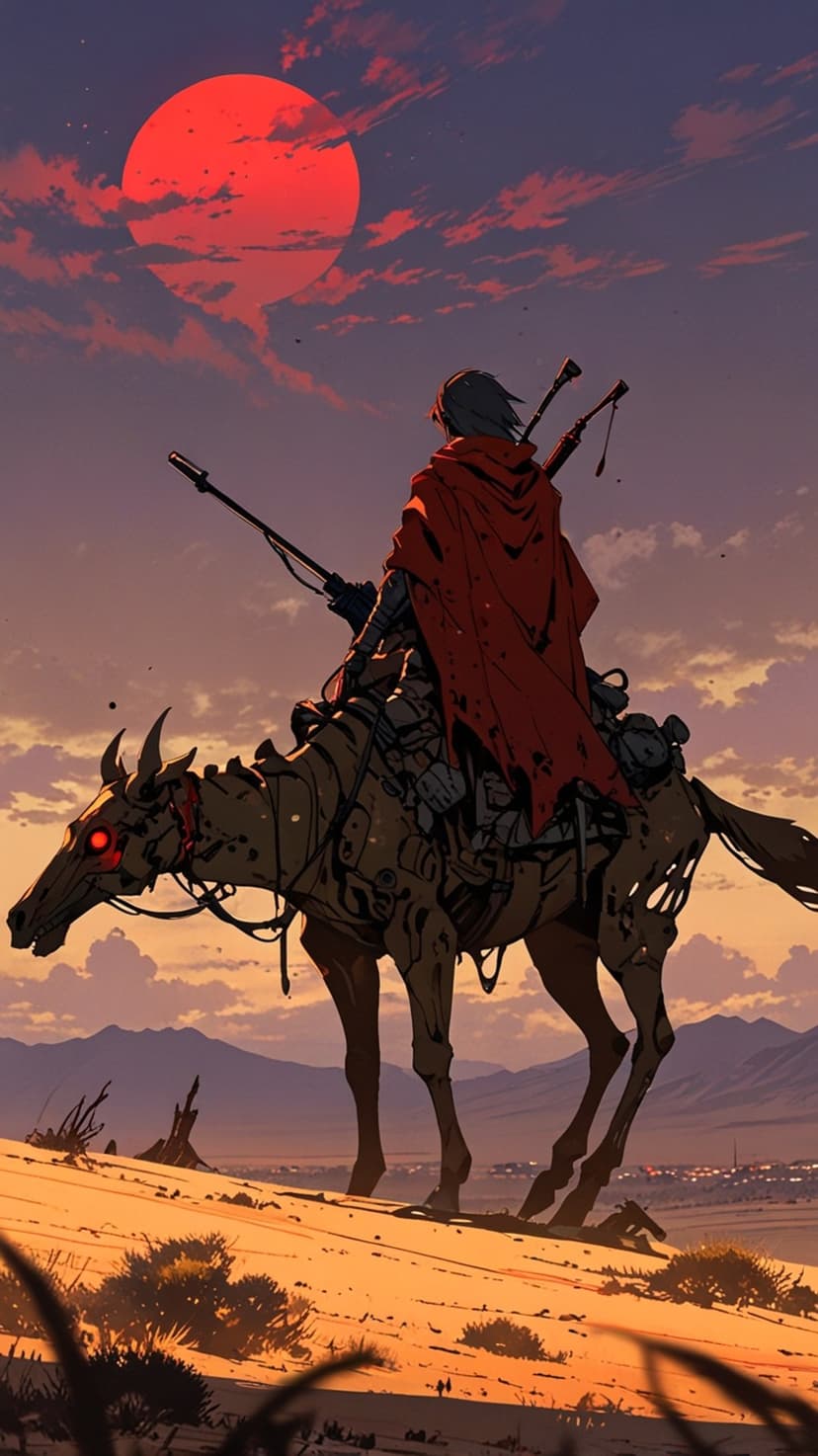 Cloaked survivor guides a cybernetic animal through a lunar desert as a glowing red moon hangs in the sky.