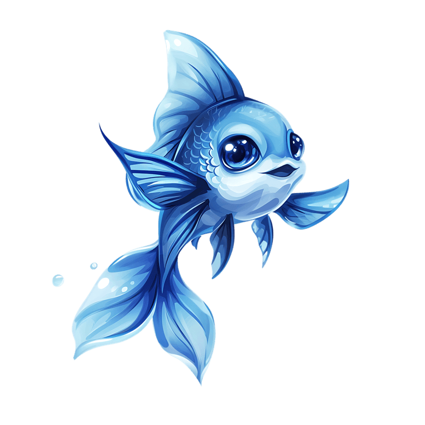 Blue fish illustration with large reflective eyes and flowing fins featuring glossy gradient shading effects.