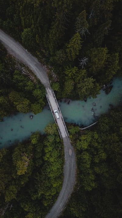 Aerial Forest Bridge and Turquoise River Phone Wallpaper