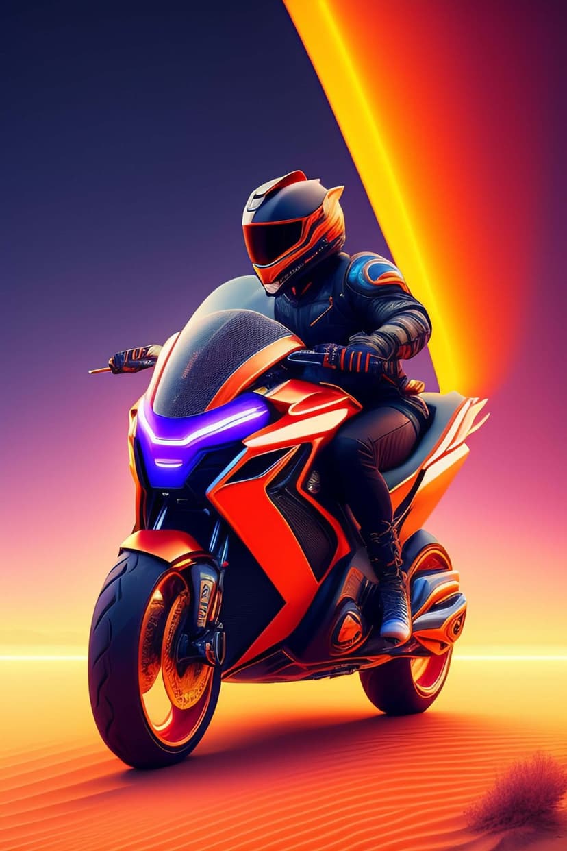 Futuristic rider in a sleek helmet on an orange and blue motorcycle speeding across a purple desert at sunset.
