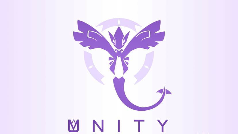 Stylized purple bird creature silhouette centered over a circular graphic with Unity text on a lavender background.