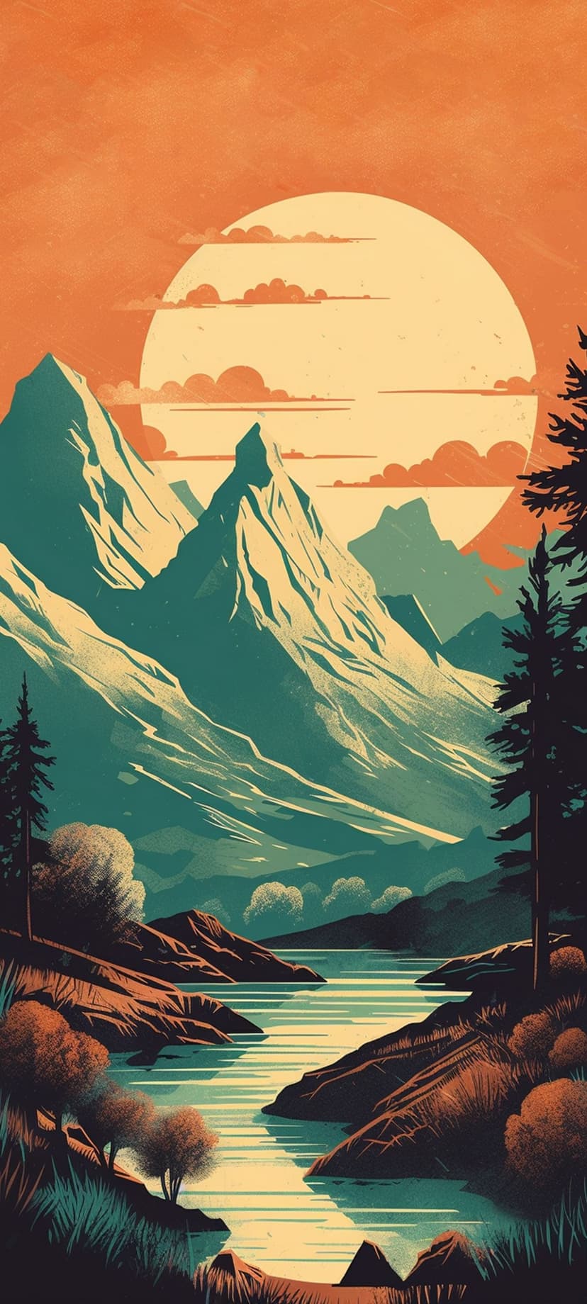 Jagged teal peaks stand behind a winding river under a giant orange sun and wispy clouds in a sunset landscape.