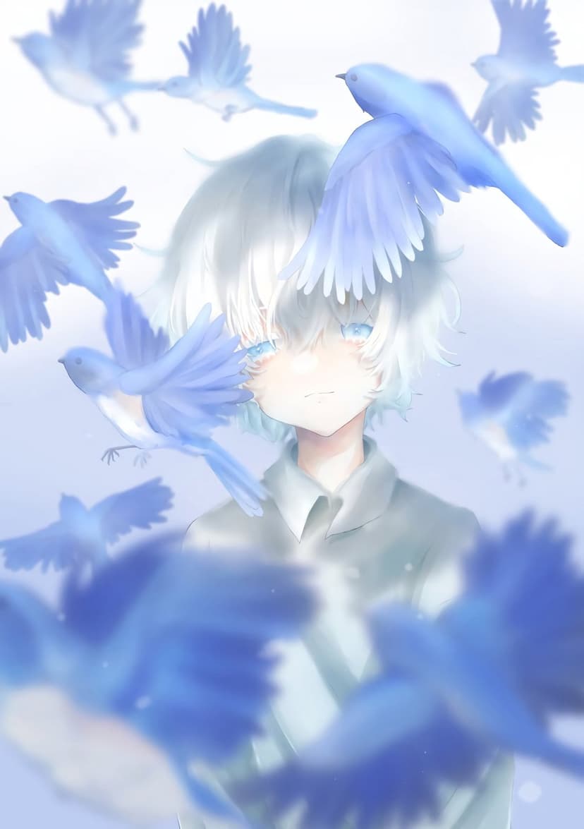 Pale-haired boy with bright blue eyes gazes softly while surrounded by a flock of small bluebirds in a hazy sky.