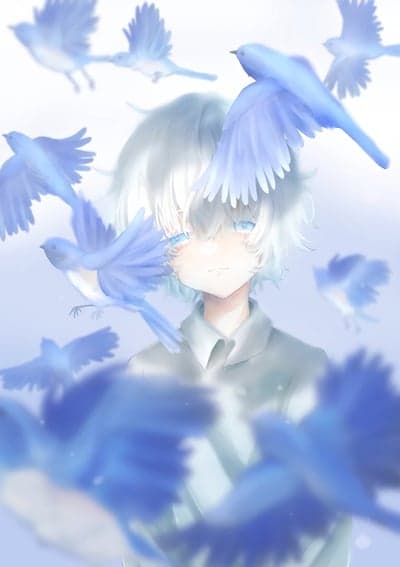 Dreamy Pastel Anime Boy and Bluebirds Phone Background