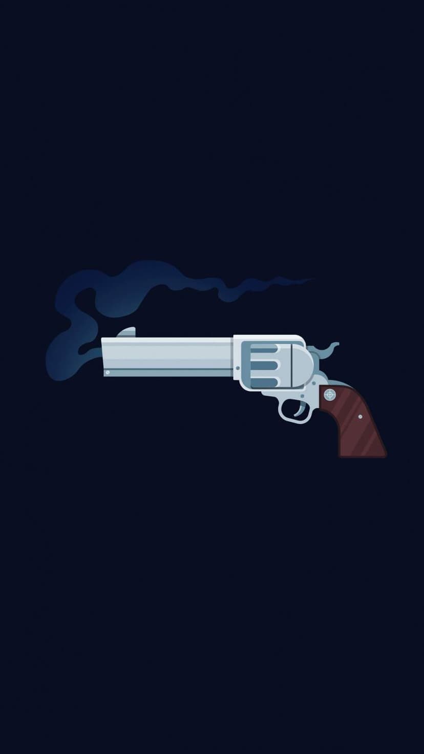 Silver revolver gun with wispy smoke rising from the barrel against a solid dark navy blue background.