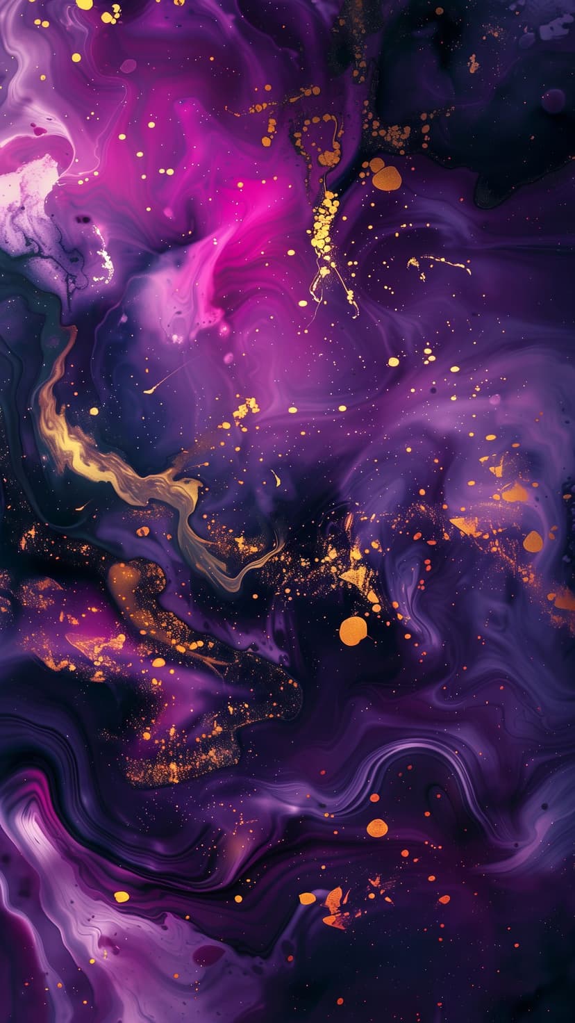 Swirling purple and pink nebula clouds sprinkled with sparkling gold dust particles in a fluid vertical composition.