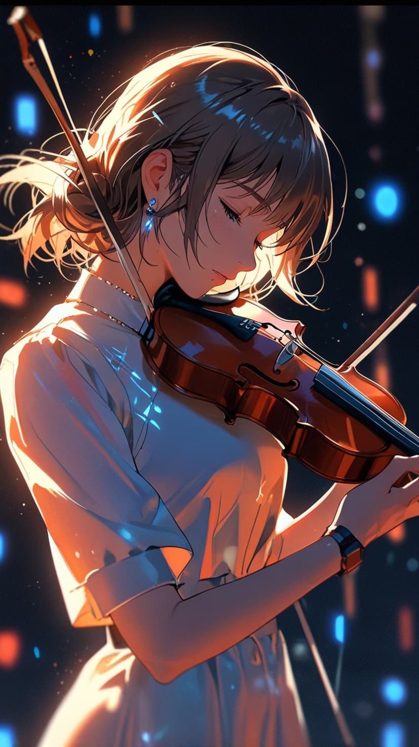 Woman playing violin with eyes closed, wearing a white shirt and blue earring, set against soft bokeh lights.