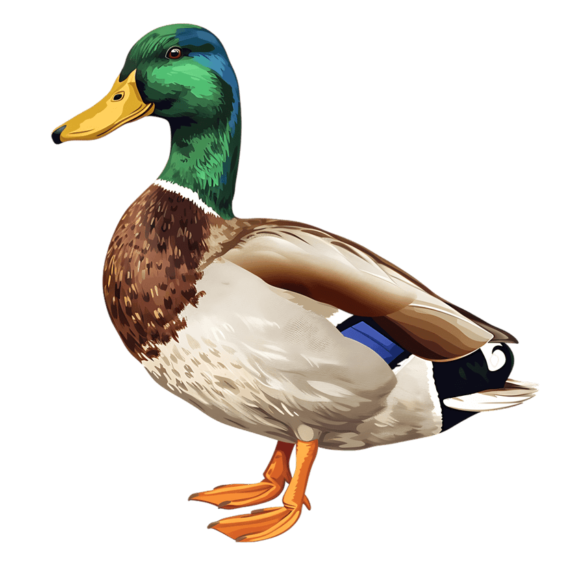 Mallard duck illustration shows a male wildfowl with green head feathers and a yellow bill on white background.