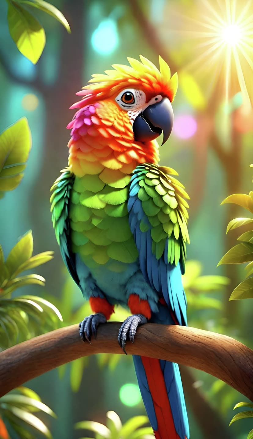 Yellow-crested parrot with green and blue feathers perched on a tree branch amid soft sunlight and bokeh leaves.