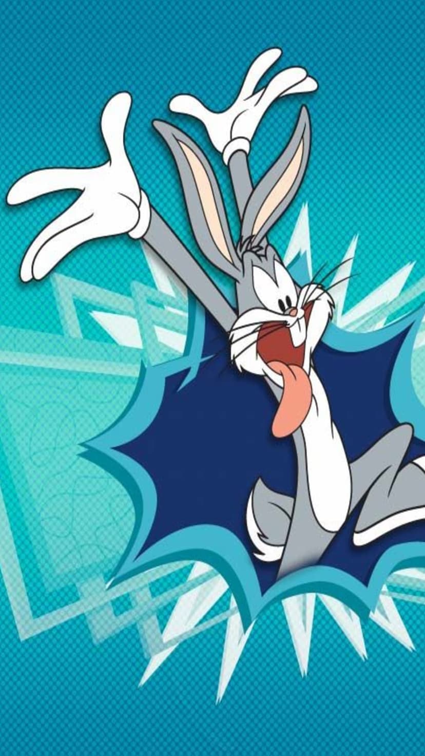 Bugs Bunny leaps through a jagged blue comic burst with his tongue out and arms wide against a teal background.