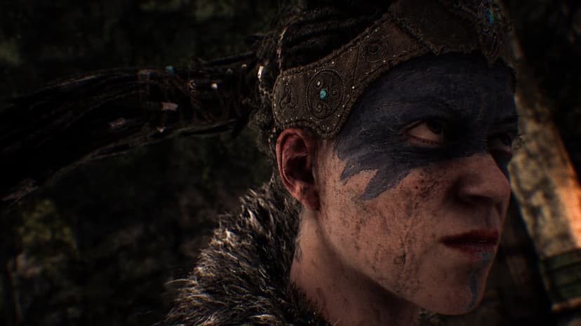 Cinematic close-up of a female warrior with blue face paint, a leather crown, and intense eyes in shadow.