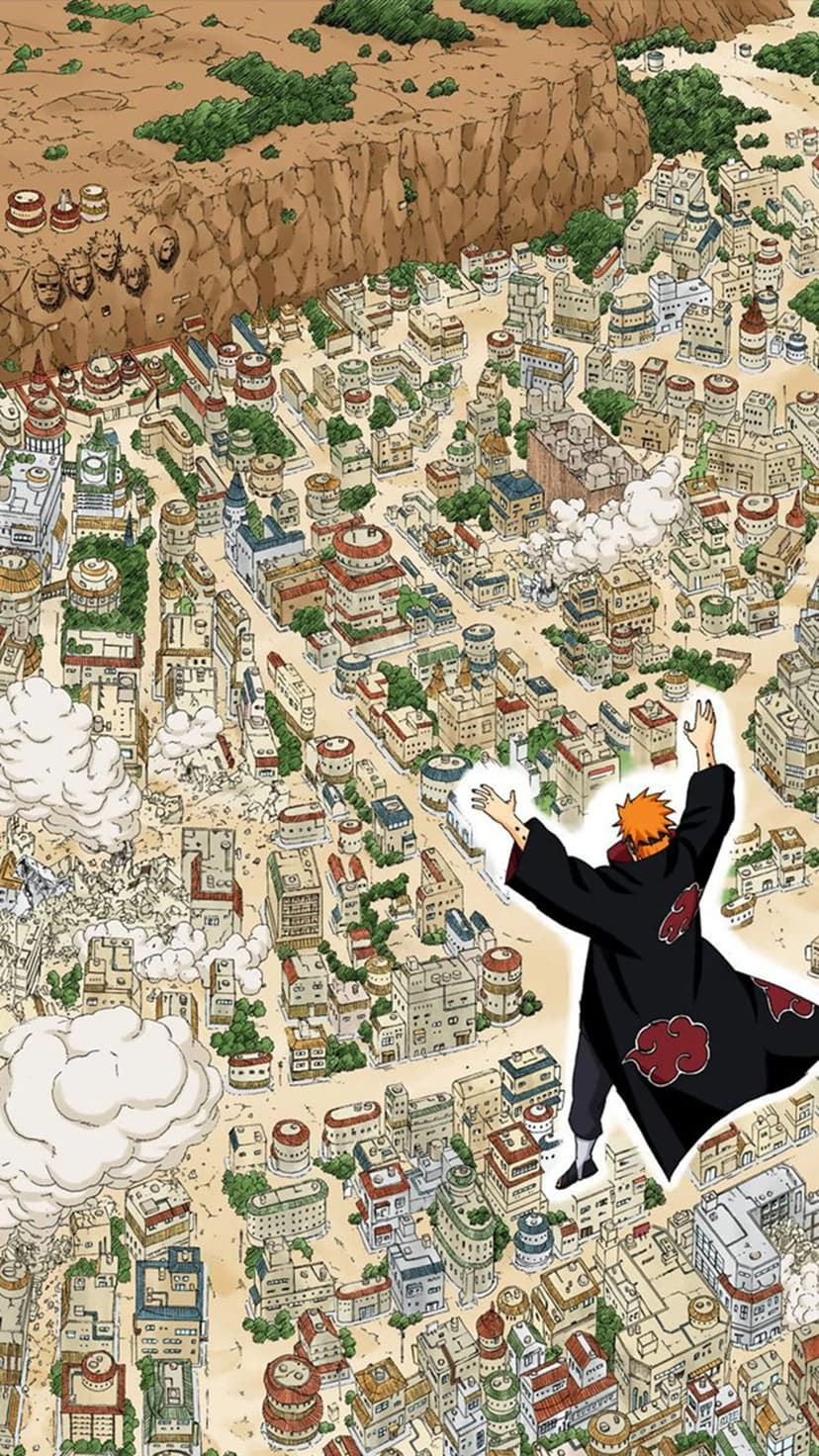 Pain hovers in mid-air over a massive circular crater destroying the buildings of the Hidden Leaf Village.