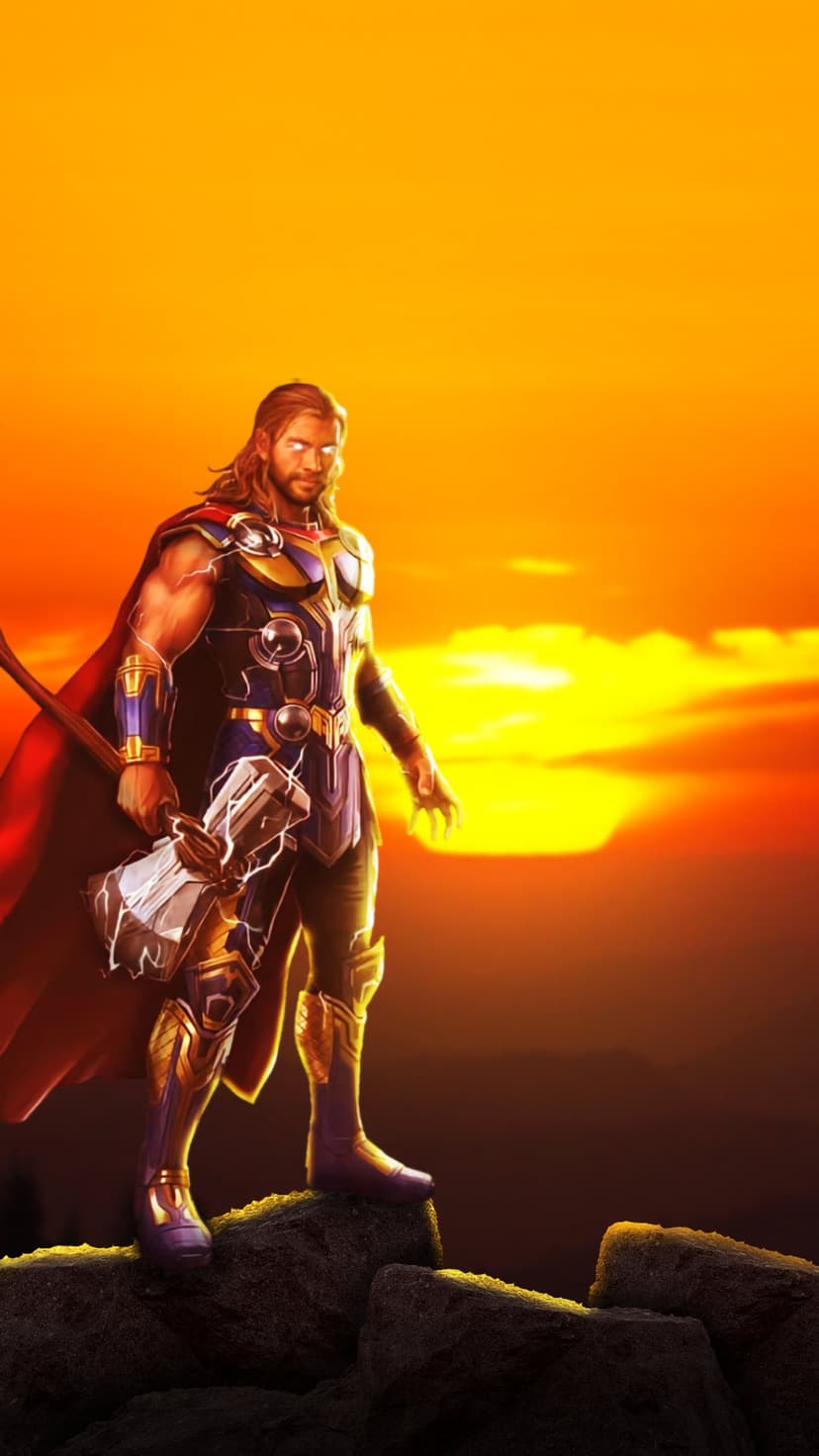 Thor stands on a rocky peak with glowing eyes and a lightning hammer against a vivid orange sunset horizon.