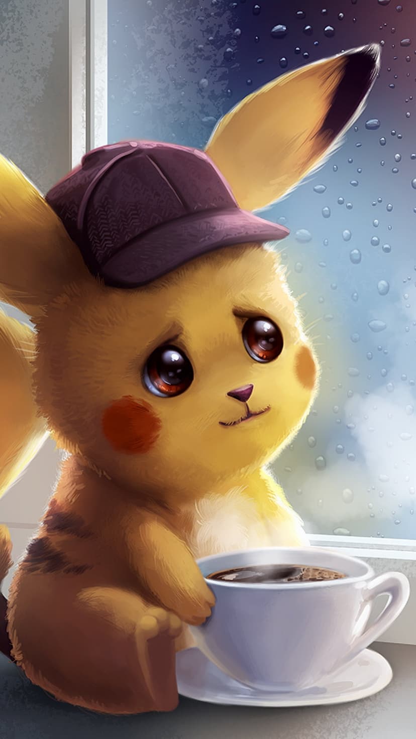 Pikachu wearing a purple cap holds a steaming coffee mug while looking out a rainy window with water droplets.