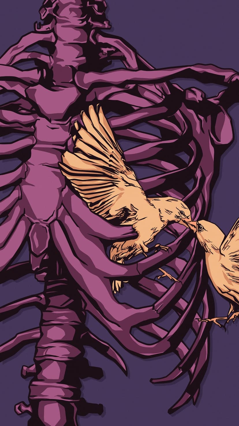 Two yellow birds nest inside a purple human ribcage, showing a contrast between avian life and skeletal remains.