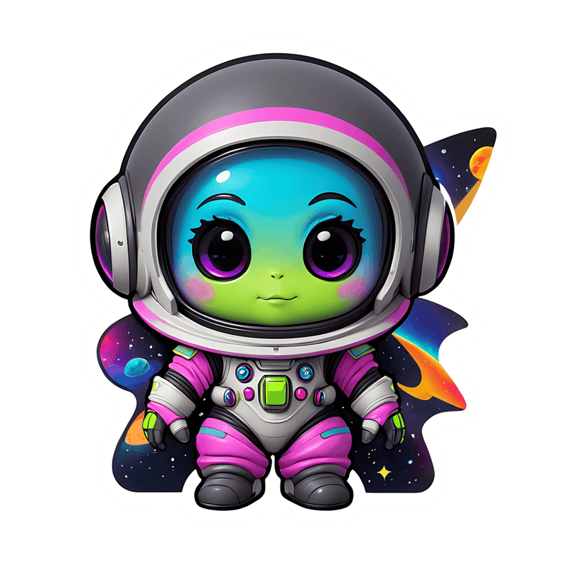 Chibi alien astronaut sticker featuring a green gradient face, purple eyes, and a pink space suit in space.