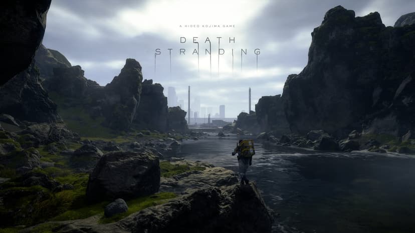 Sam Bridges with heavy cargo stands on a rocky river bank overlooking a foggy futuristic city under grey clouds.