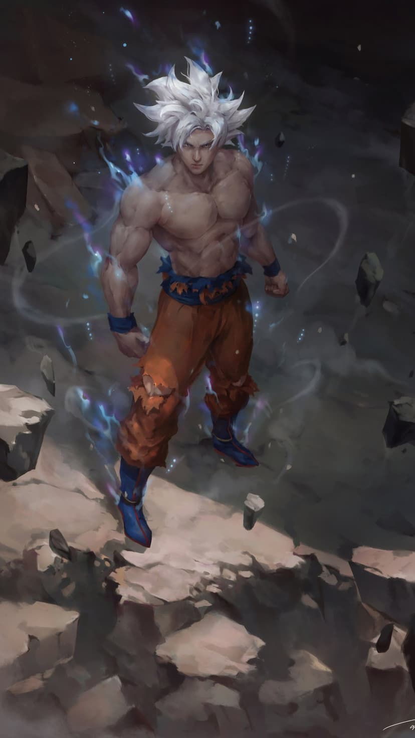 Goku stands with silver hair and a glowing blue aura amidst jagged rocks in a battle-ready vertical stance.