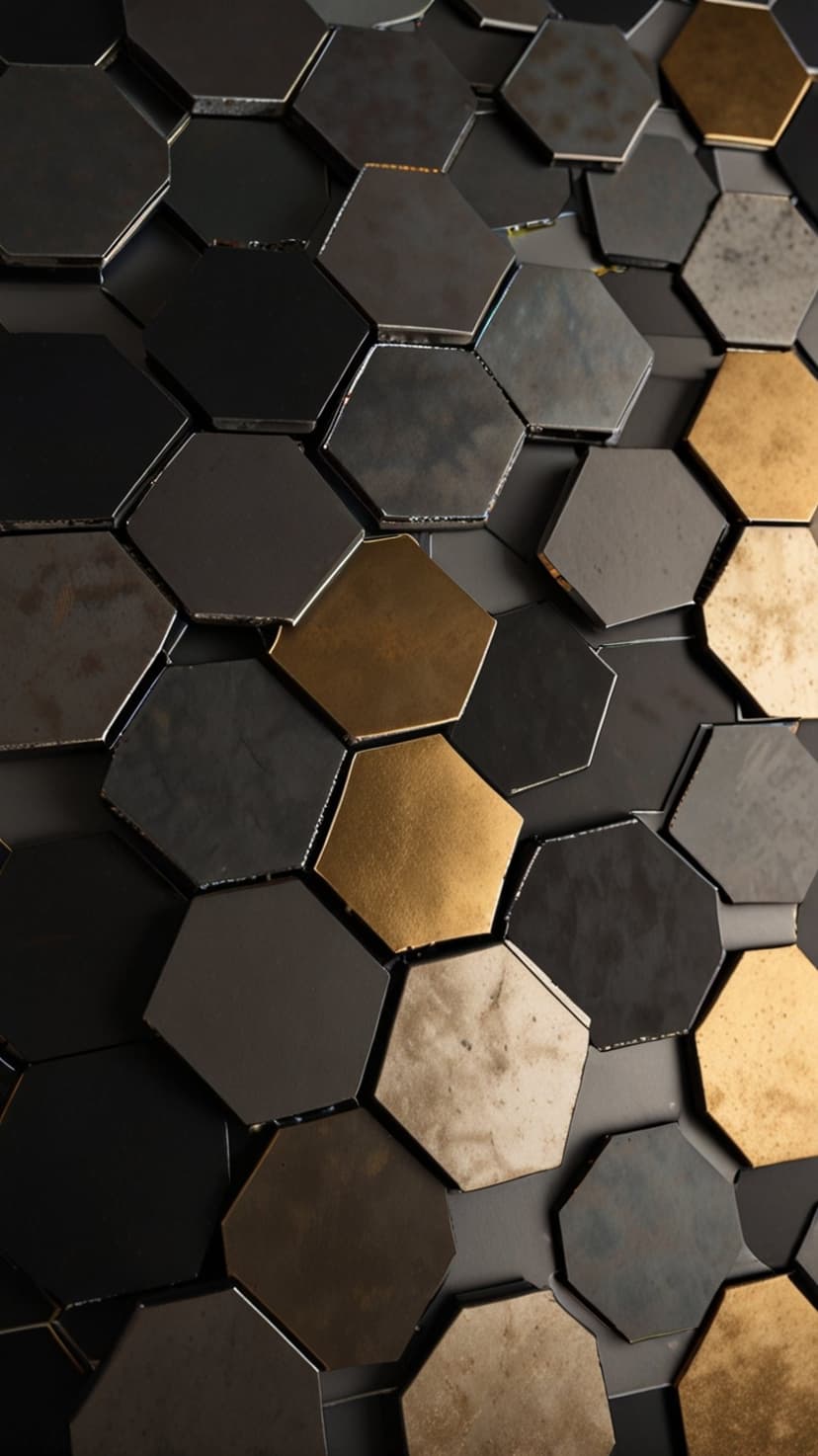 Hexagonal tiles made of dark distressed metal and polished gold form a multi-dimensional geometric surface.