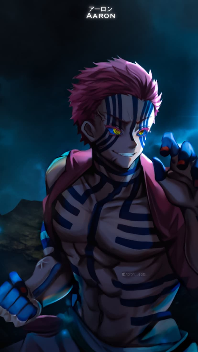Akaza from Demon Slayer with pink hair, blue facial markings, and a muscular build against a dark background.