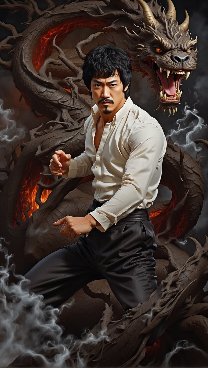 Bruce Lee in a martial arts pose with a fierce dragon coiling behind him amidst swirling golden energy and fire.