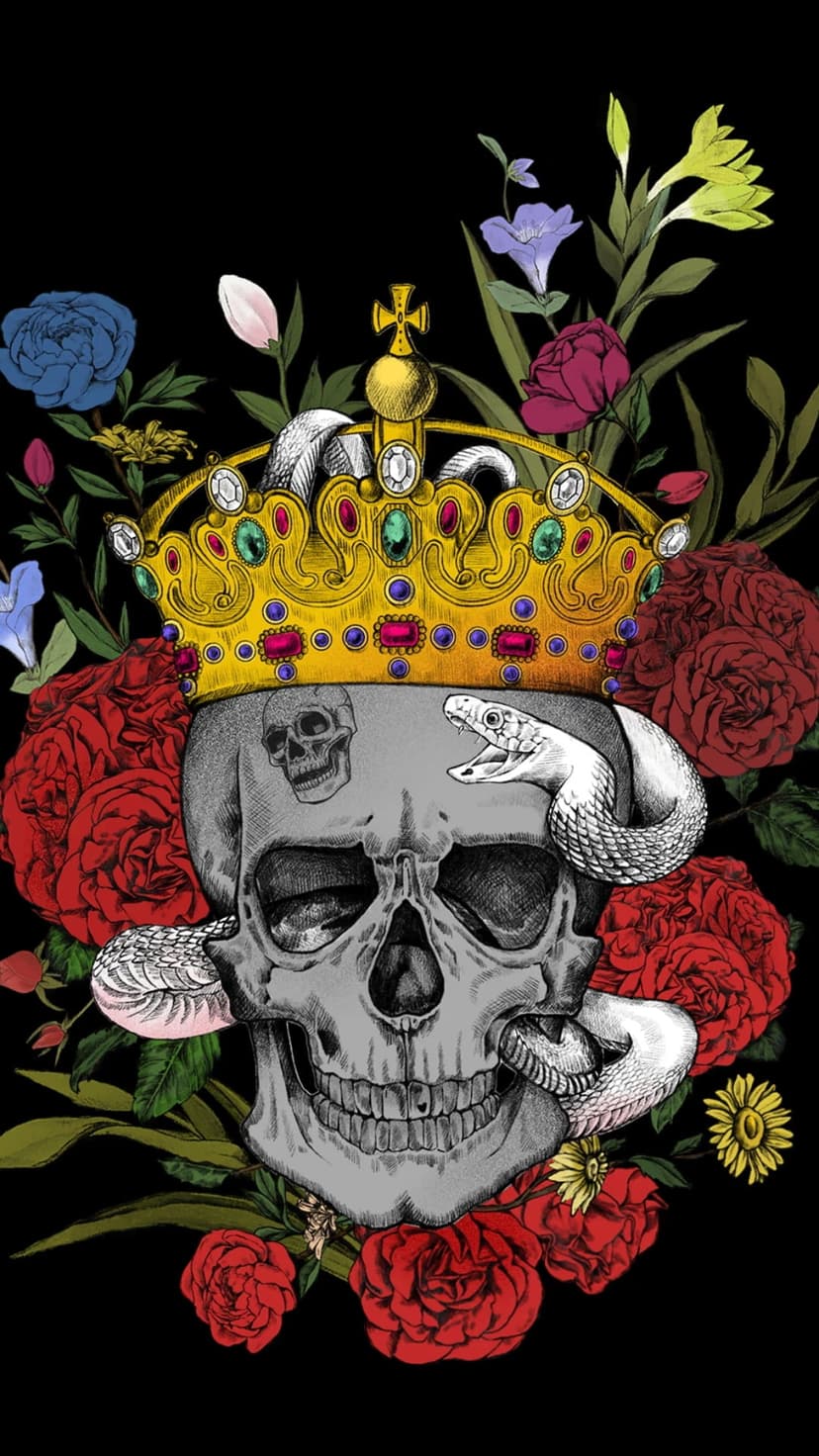 Human skull with a royal crown and coiled snake amidst red roses and wildflowers against a black backdrop.