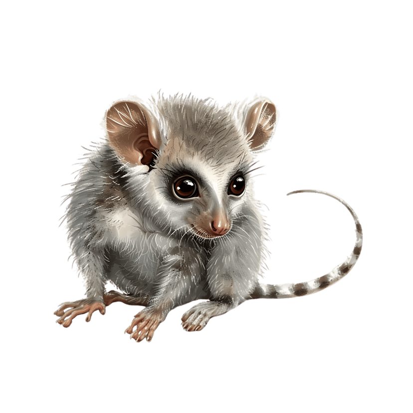 Marsupial illustration features large brown eyes and a long ringed tail against a solid black background.