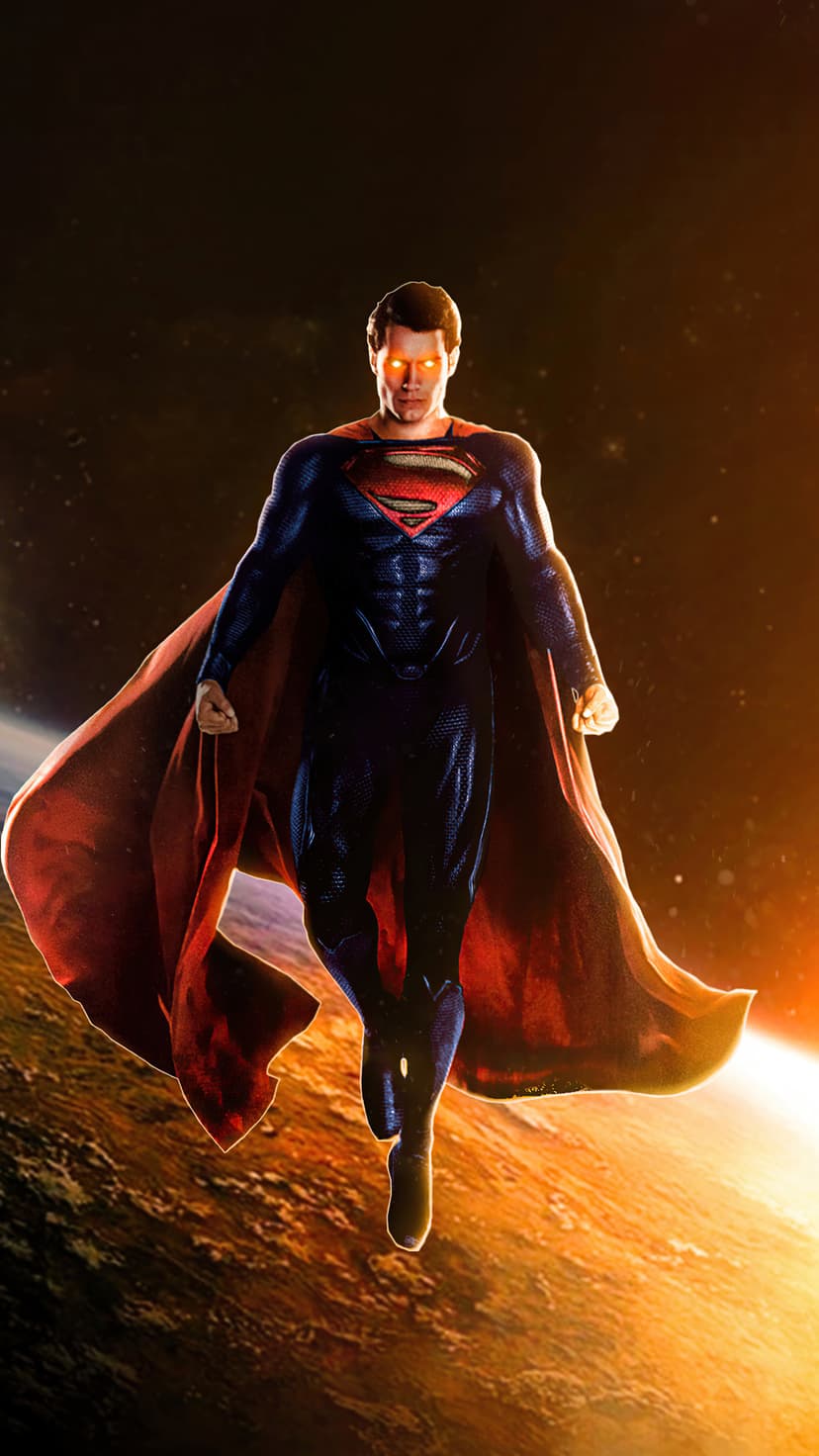 Superman with glowing red eyes and a flowing cape flies above a textured golden planet in deep space.