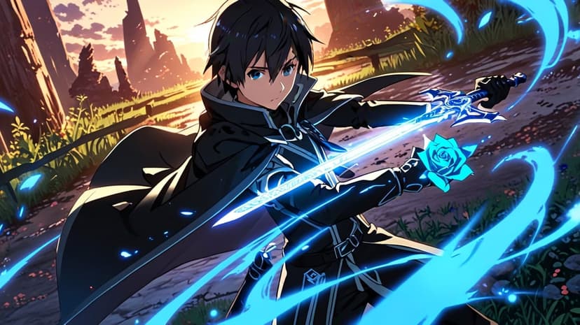 Black-haired warrior in silver-trimmed coat holds a glowing blue sword and rose amidst sunset mountain peaks.