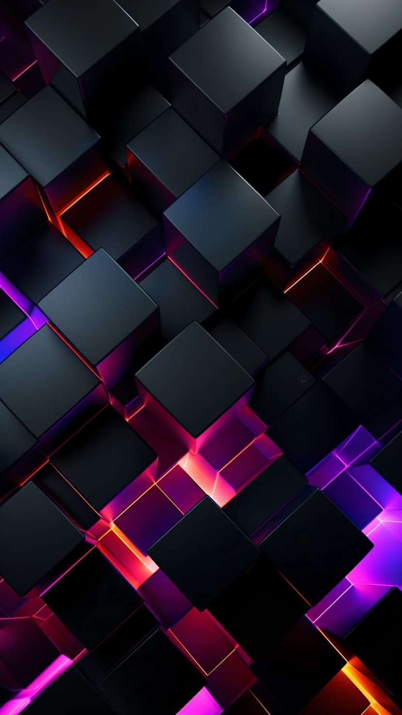 Interlocking 3D cubes with glowing pink, purple, and orange neon edges set against a dark void background.