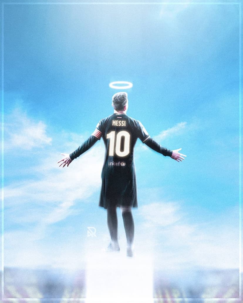 Lionel Messi with a golden halo and outstretched arms ascends through bright clouds wearing a number 10 jersey.