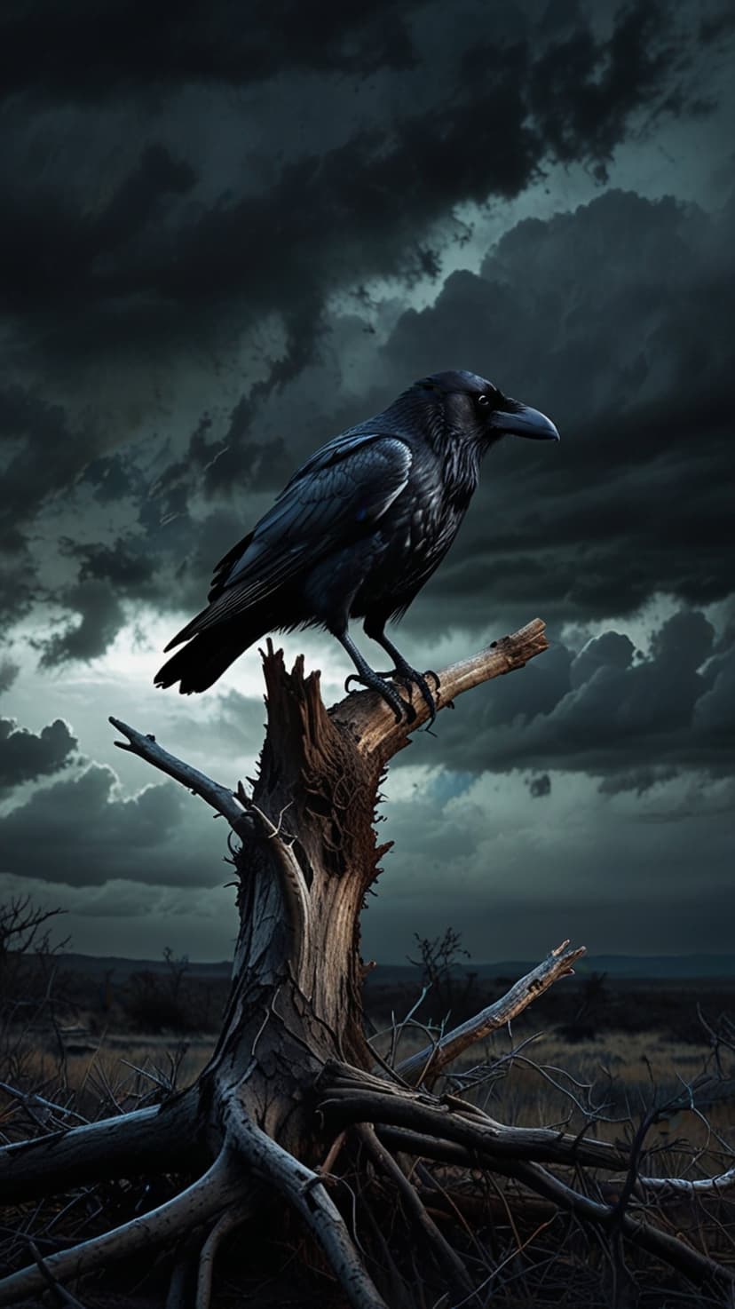 Black raven perched on a broken tree limb under a dark, stormy sky with heavy charcoal clouds in a moody setting.