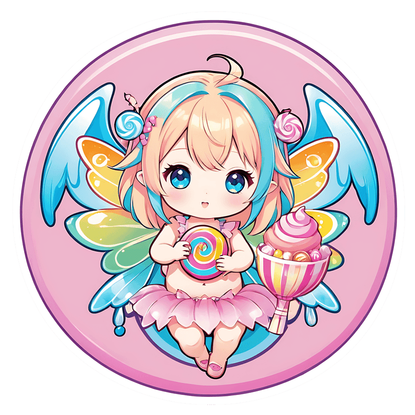 Chibi fairy sticker with butterfly wings holds a large swirl lollipop inside a pink circular gradient frame.