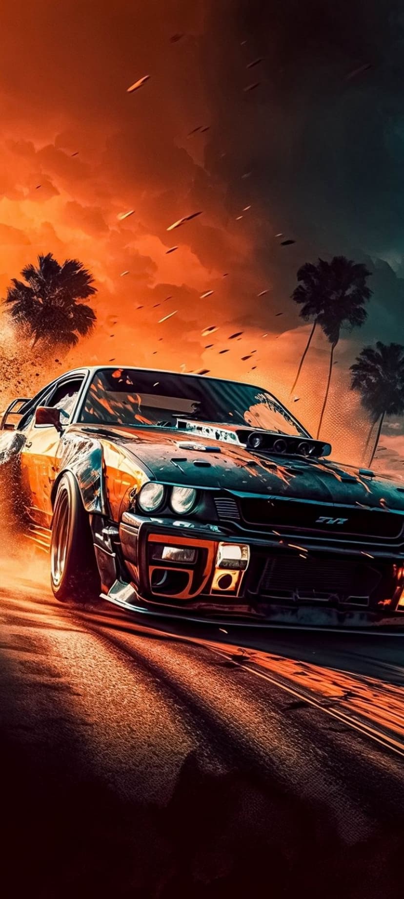 Muscle car drifts on a dusty road under a red sunset sky lined with silhouetted palm trees in the background.