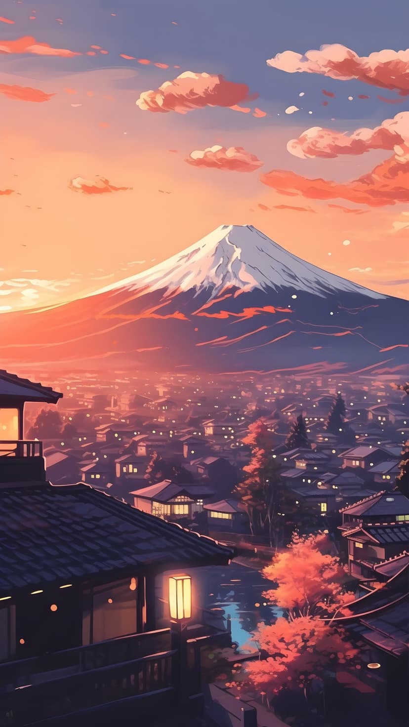 Mount Fuji stands behind a traditional Japanese village with glowing windows and autumn trees under an orange sunset.