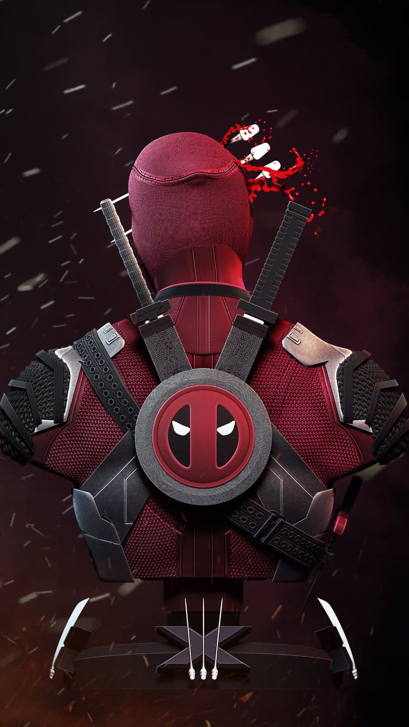 Deadpool bust from behind featuring dual katanas and a red suit with blood droplets on a dark background.