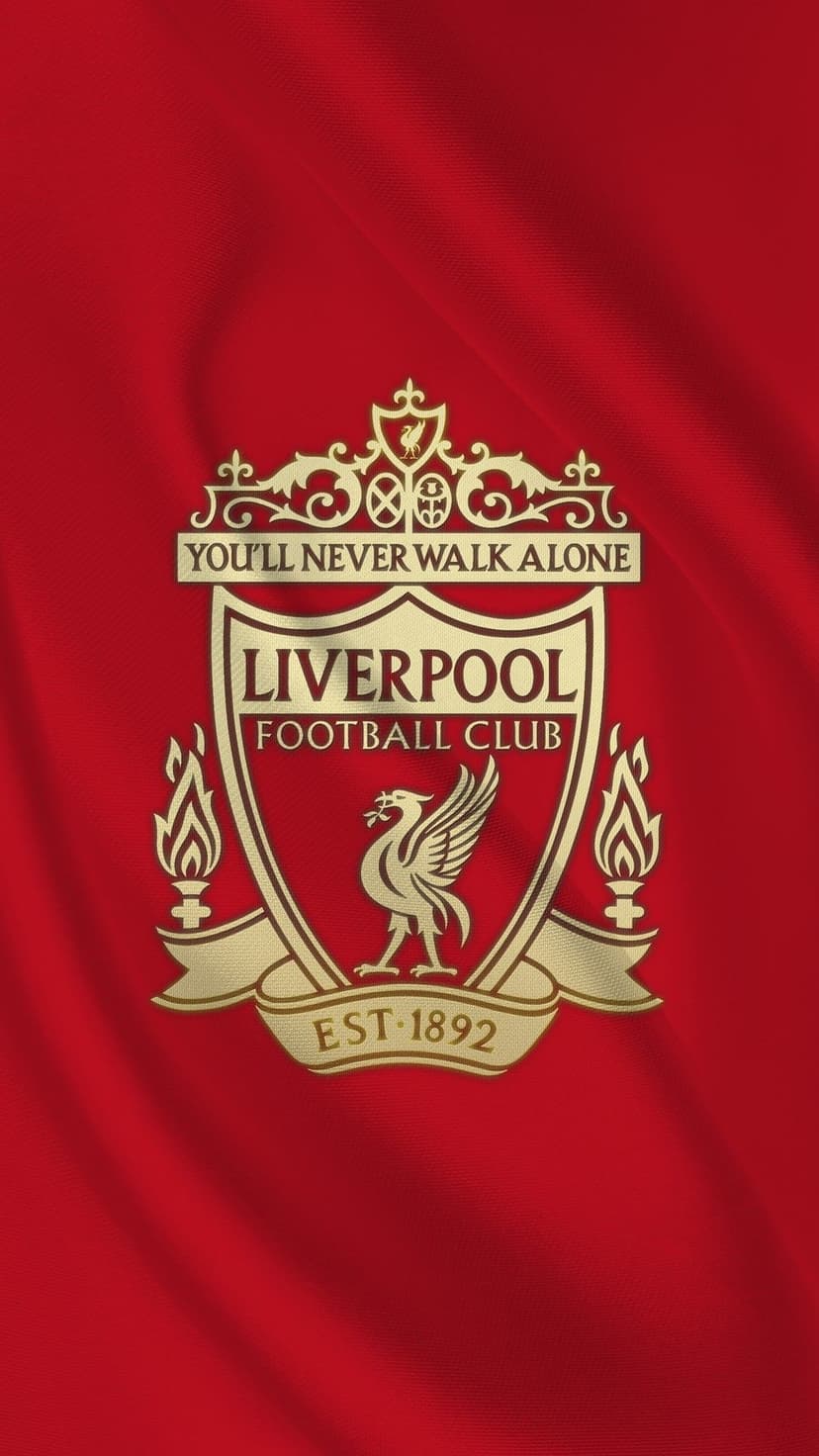 Gold Liverpool FC crest with a Liver Bird and flames on a textured, wavy red fabric background for mobile screens.